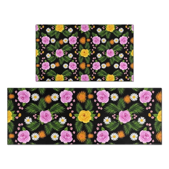 Pioneer Flower Floral Print Pattern Kitchen Rugs Sets Of 2, Anti Fatigue Non Slip Washable Floor Mats for Kitchen Sink Laundry, 17X30 Inch 17X47 Inch