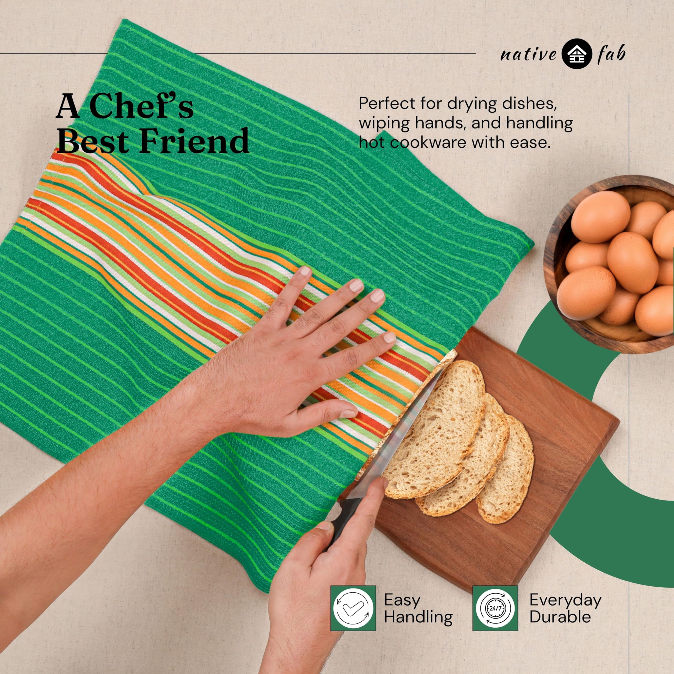 Native Fab Mexican Salsa Stripe Kitchen Towels, 12 Pack, 18x28 Inches, 100% Cotton, Highly Absorbent, Soft, Dish Towel for Drying Dishes, Everyday Kitchen Use, Reusable, Washable, Green