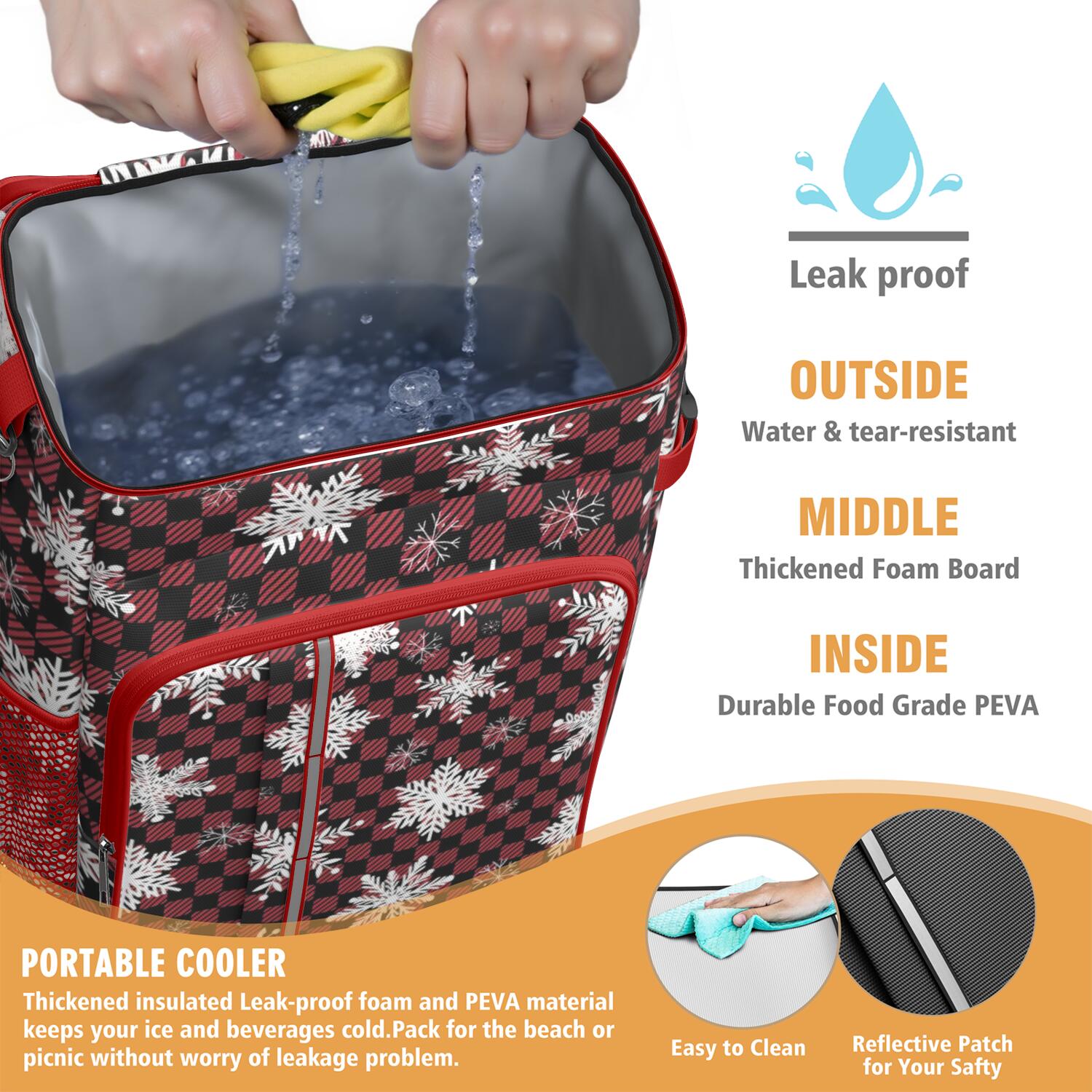 Travel Cooler Bag - Red and Black Checkered Christmas Snowflake Pattern Camping Beer Cooler Backpack with Bottle Opener- Waterproof Insulated Picnic Backpacks - Cooler Bag for Beach