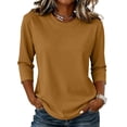 thumbnail image 2 of Womens Tops 3/4 Sleeve Shirts Round Neck Loose Casual Blouses Solid Color Tshirts Khaki M, 2 of 6