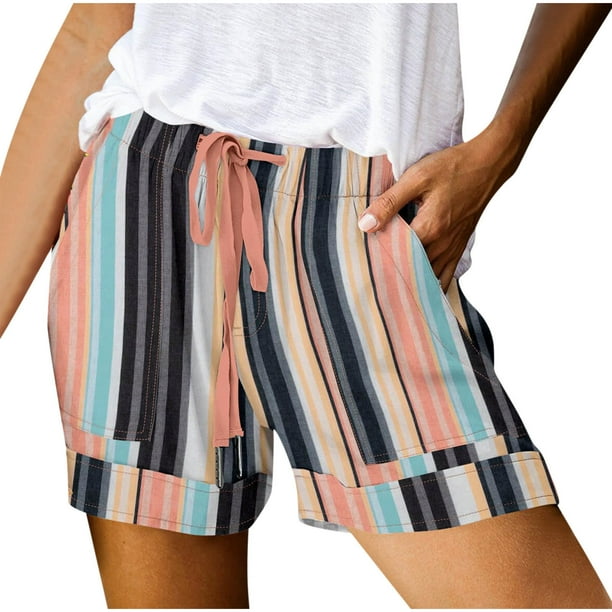 Pantalones Cortos de Tamaño Más Grande para las Mujeres Imprimir Cómodo Cordón Casual Elástico de la Cintura Bolsillo Pantalones Cortos Sueltos