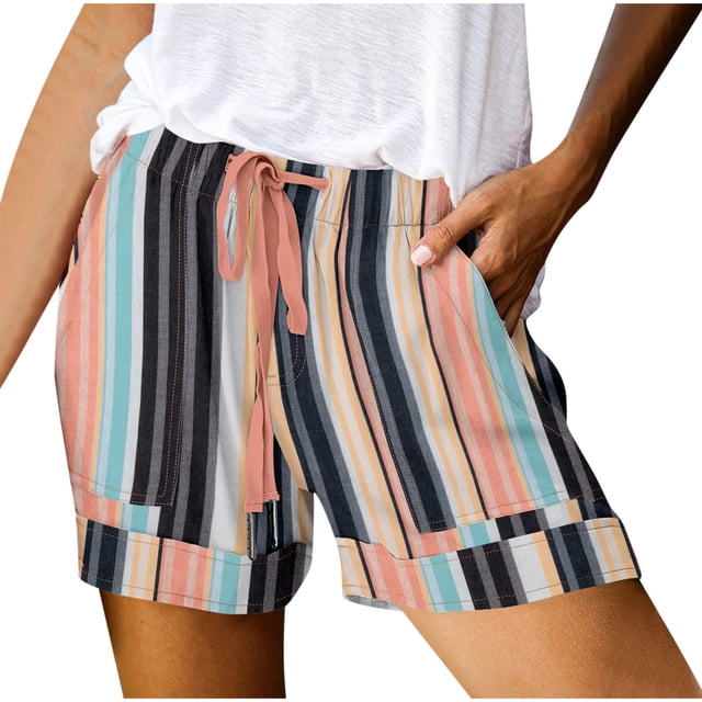 Women's Plus Size Shorts, Elastic Waist with Adjustable Drawstring, Lightweight Polyester Fabric, Side Pockets, Print Pattern, for Casual Lounge and Outdoor Activities
