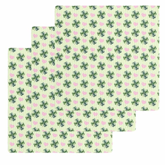 St. Patrick's Day Kitchen Dish Towels for Drying Dishes Set of 3, Lucky Green Clovers Pink Love Heart Waffle Weave Microfiber Hand Tea Bathroom Towels Quick Dry & Absorbent Towel 12x12