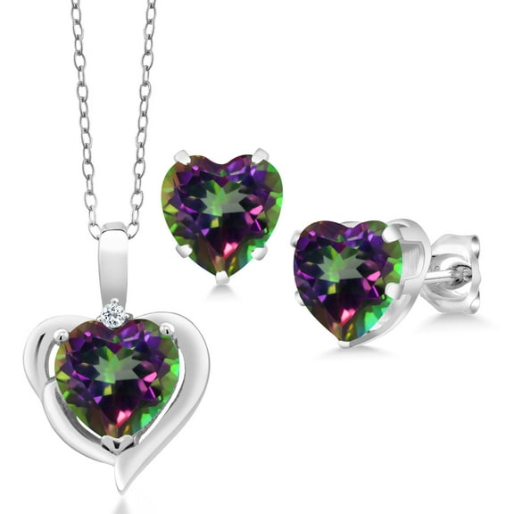 Gem Stone King 6.62 Cttw Heart Green Mystic Topaz and White Topaz 925 Silver Pendant Earrings Set for Women | Gemstone Birthstone | 8mm Heart Shape | With 18 inch Silver Chain