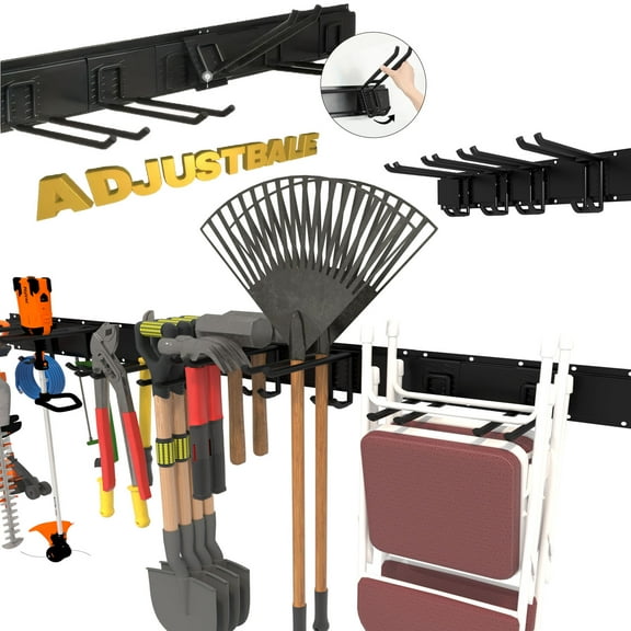Garage Storage Hooks System 12 PCS Wall Mounted Adjustable Hooks with 4 Rails, Yard Tool Rack for Shovel, Rake, Broom