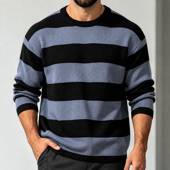 Keeplus Crewneck Sweaters for Men Striped Colorblock Bands Long Sleeve Pullover Classic Fall Winter Casual Top