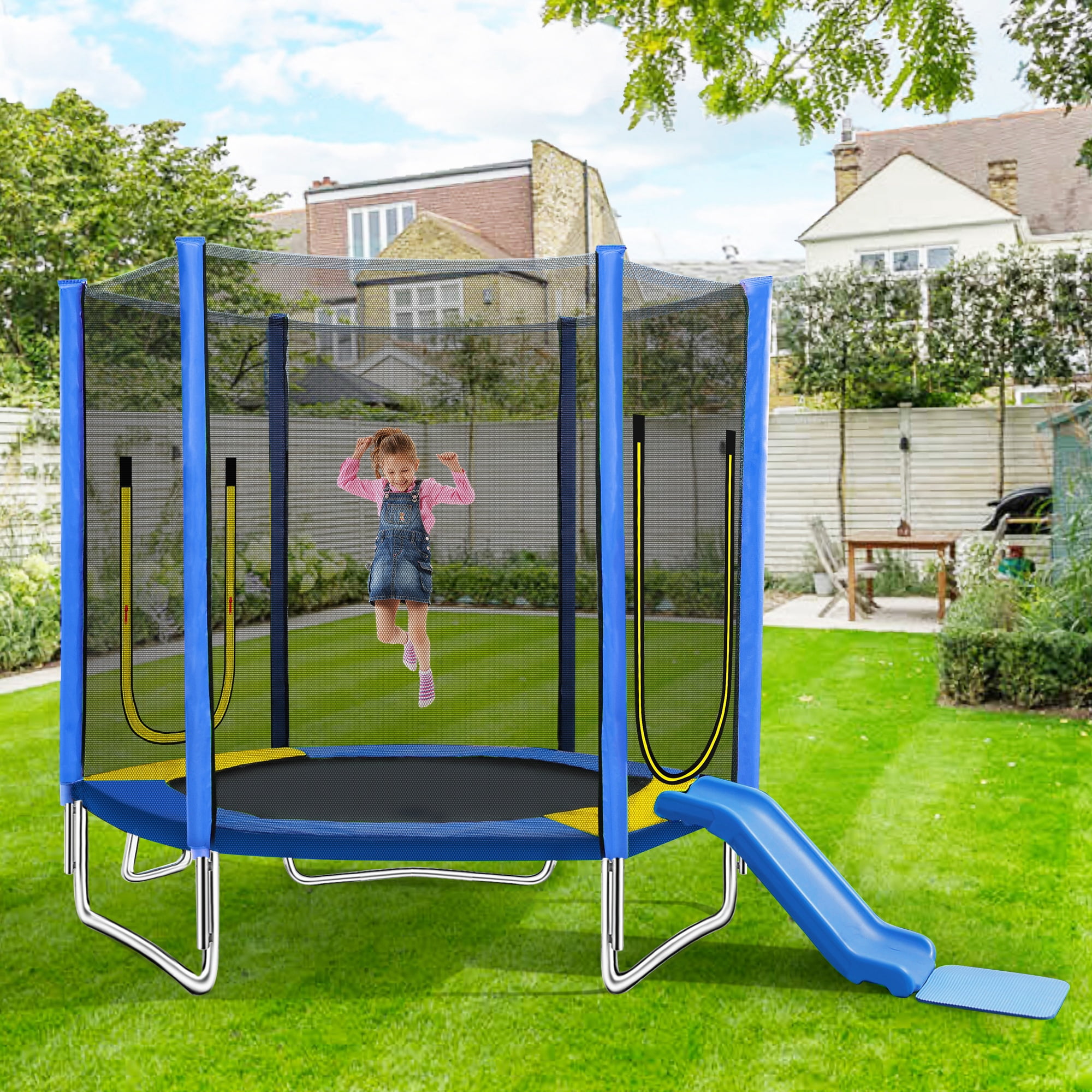 7ft Trampoline for Kids, Trampoline with Safety Enclosure Net, Outdoor Trampoline with Slide & Ladder and Soft Pad, 220lbs Capacity, Easy Assembly, Indoor Use, Blue