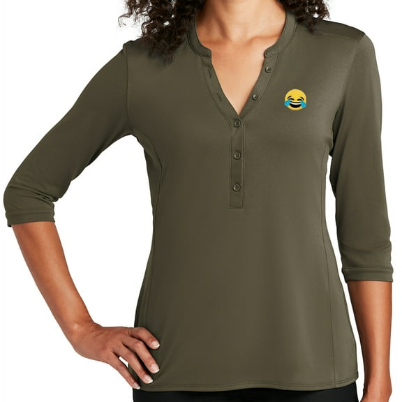 Women's Laughing Tears Emoji LMFAO 5-button 3/4 Sleeve Henley Shirt, Large Deep Olive