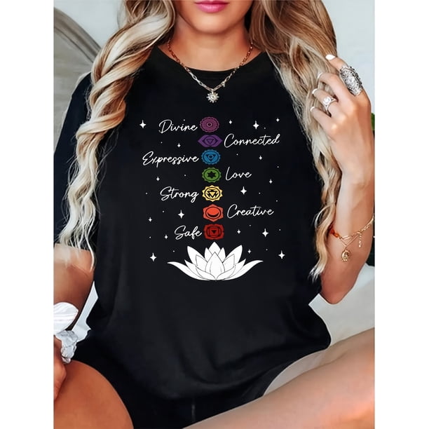 Women'S Chakra-Inspired Graphic Tee - Lotus Flower Design, Casual Crew Neck Short Sleeve Shirt for Summer Yoga & Relaxation, Relaxed Fit Tee | Chakra Theme Top | Comfortable Fit Shirt