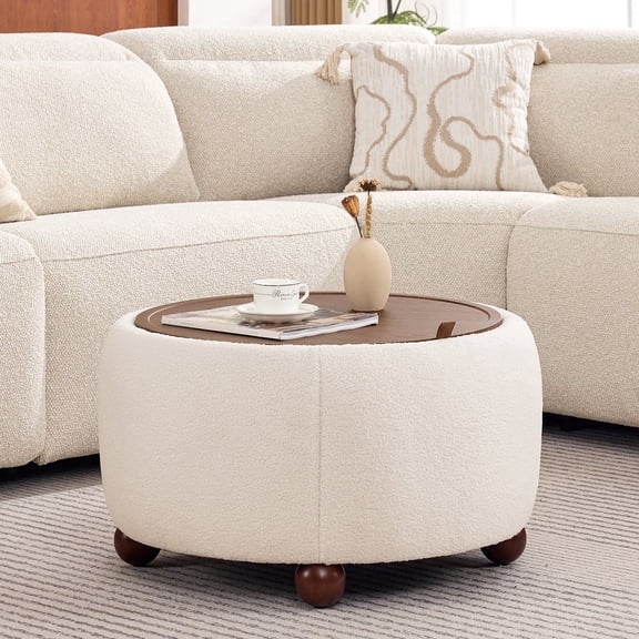 BRILHAMEZ Round Storage Ottoman with Reversible Wooden Tray, Modern Upholstered Footstool & Small Coffee Table with Hidden Compartment, White
