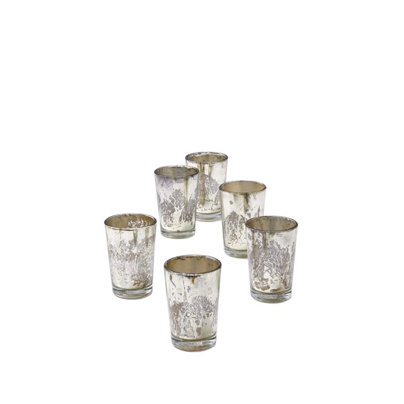 Serene Spaces Living Set of 6 Antique Silver Mercury Glass Finish Votive Candle Holders, Ideal for Weddings, Events, Measures 3.5" Tall and 2.5" Diameter