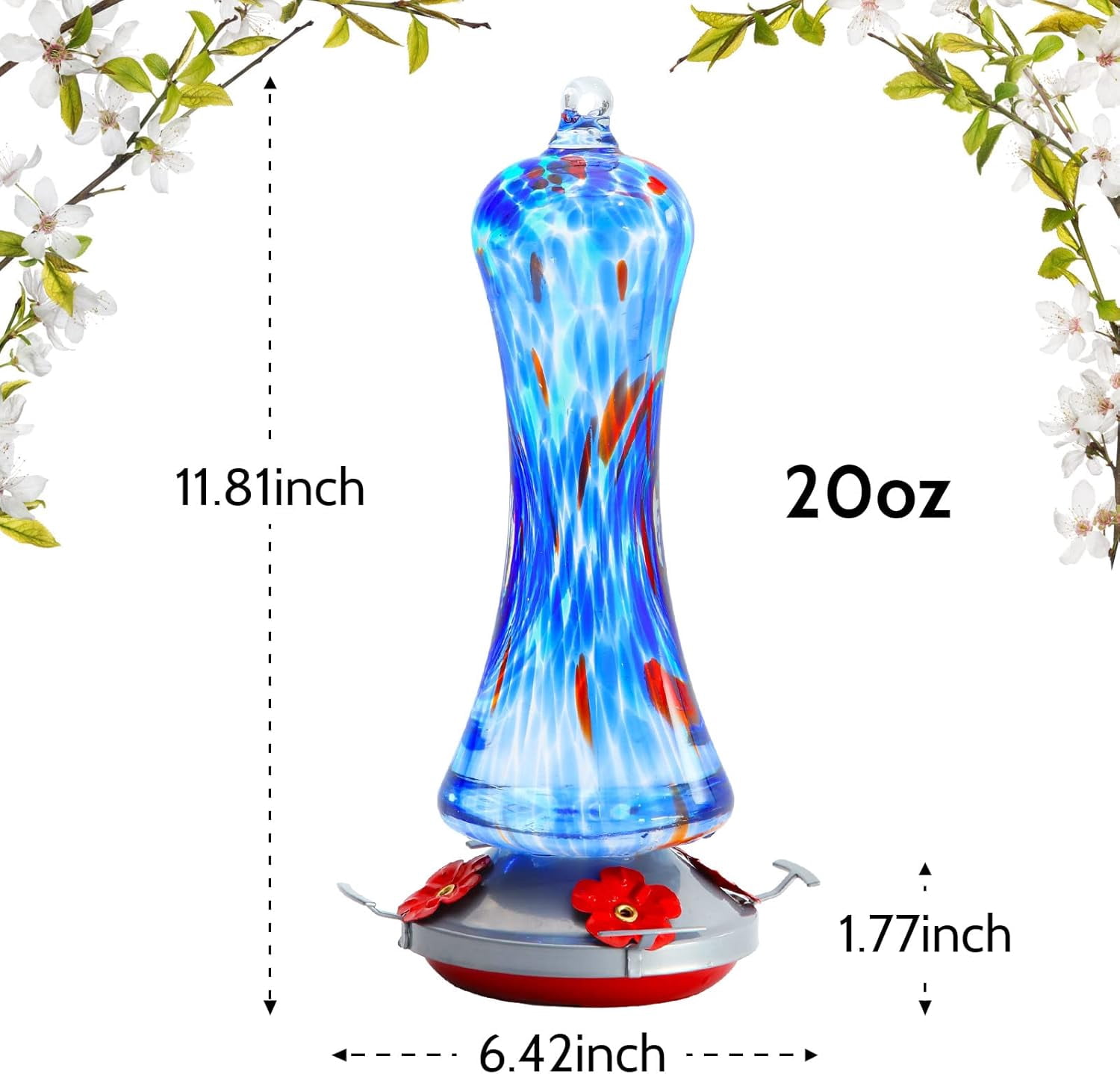 Hummingbird Feeder for Outdoors Hanging, Hand Blown Glass Hummingbird Present with Perch, Leak Proof, Never Fade, 4 Feeding Ports, 20 fl.oz, Include Hook, Ant Moat, Rope, Brush, Presents for Garden