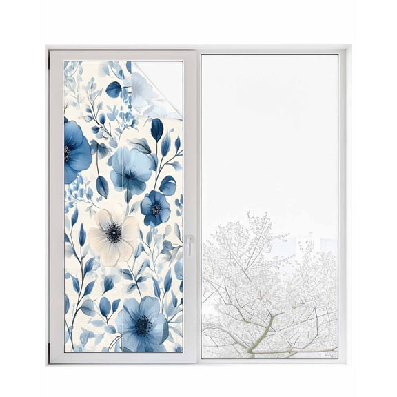 Window Privacy Film Blue Flower Stained Glass Window Film Decorative Sun Block Window Cover Spring Cottagecore Blooms Botanica Floral Window Clings Static Adhesive Sticker for Bathroom 29.5"x78.7"