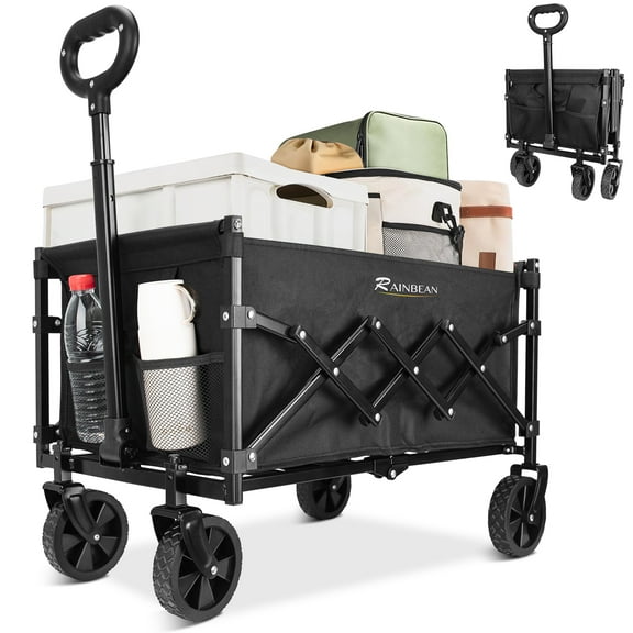 RAINBEAN Collapsible Wagon Cart Foldable Heavy Duty Folding Wagon Large Capacity Shopping Cart Utility for Camping Garden Beach Sports Fishing, Black (264lbs)