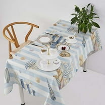 Beach Coastal Tablecloth, Rustic Striped Background Navy Blue Brown Seashells Coral Reefs Waterproof Fabric Farmhouse Tablecloths for Holiday Home Kitchen Dining Room, Rectangle(60x102in)