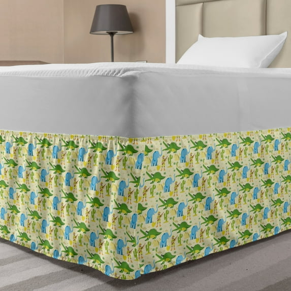 Crocodile Bed Skirt, Illustration of Wildlife Reptiles Elephants Man Bananas Cactus and Pyramids, Elastic Bedskirt Dust Ruffle Wrap Around for Bedding Decor, 4 Sizes, Cream Multicolor, by Ambesonne