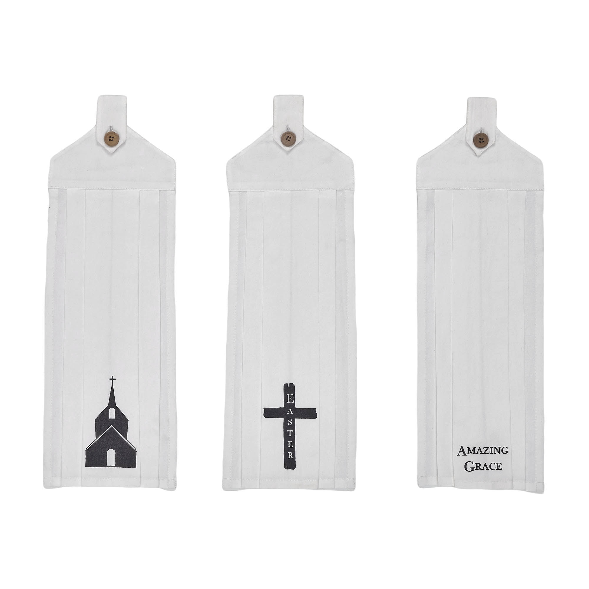 VHC Brands Cotton Risen Button Loop Kitchen Towel Set of 3, Hanging Kitchen Towel, Printed, Bath, Kitchen, Risen Collection, Rectangle 21x7, Church Cross Amazing Grace, Soft White