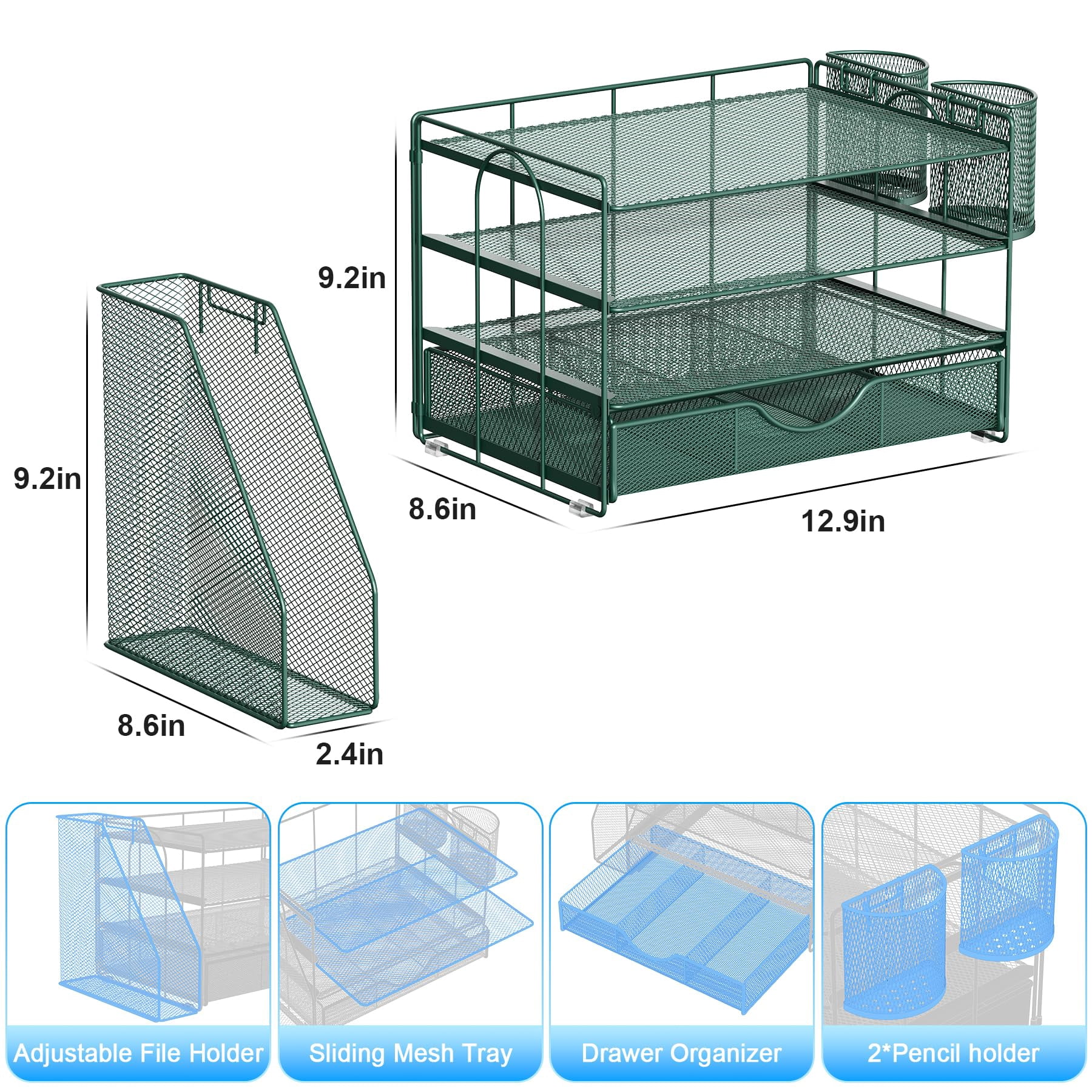 4-tier Desk Organizer With Drawers  File Holders Letter Trays And Pen - Workspace Accessories For Office Supplies (green)