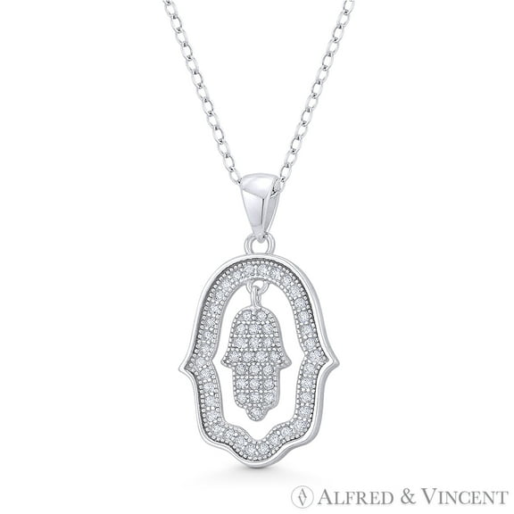 Hamsa Hand Evil Eye Charm CZ Crystal Pendant & Chain Necklace in .925 Sterling Silver w/ Rhodium