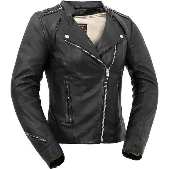 First Mfg Co - Black Widow - Women's Motorcycle Biker Riding Black Leather Jacket - 2X Large - Action Back Armor Pockets Gussets