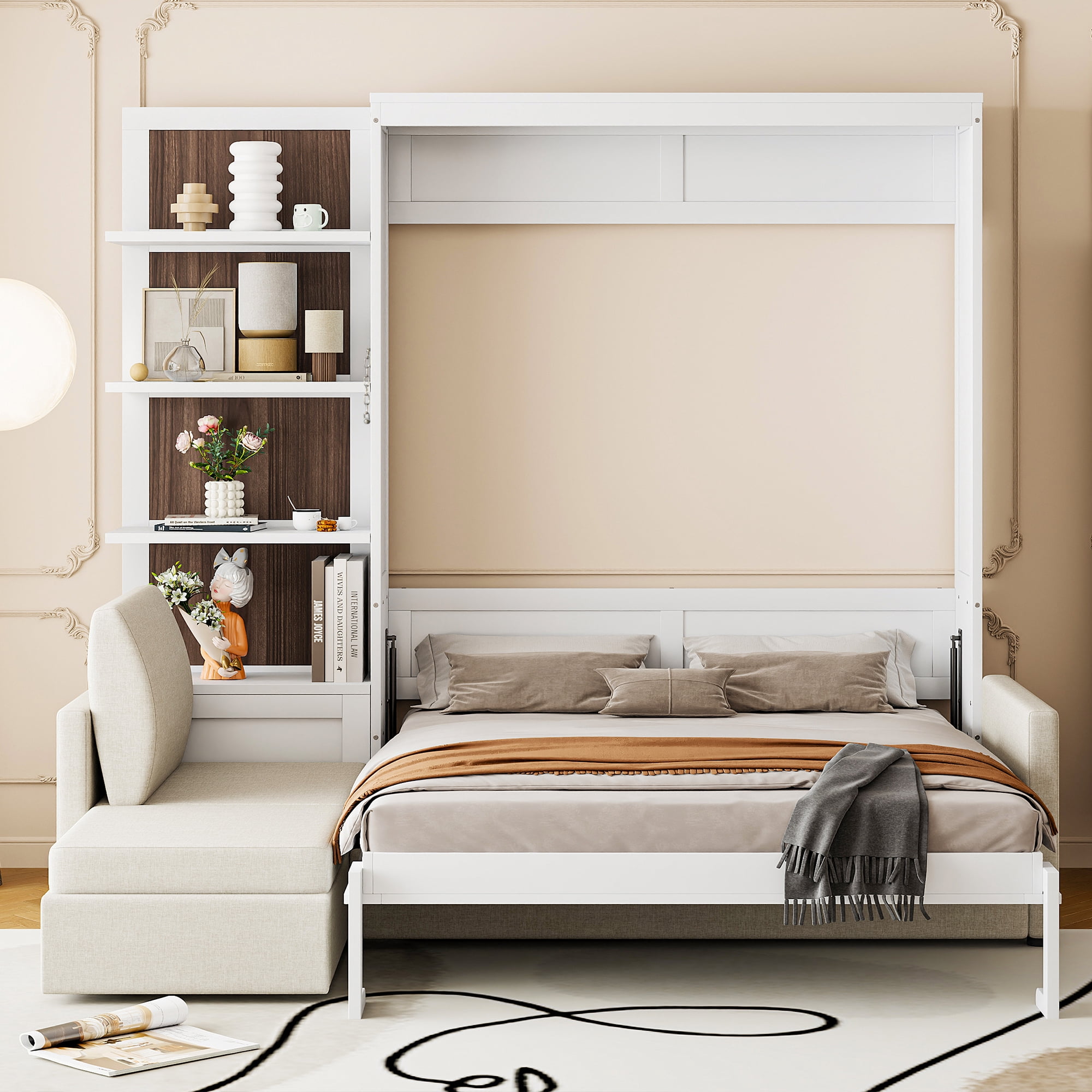 Mintazer Queen Size Murphy Bed with L-Shaped Sectional Sofa & Open Storage Shelves, Foldable Wall Cabinet Bed for Guest Room Home Office Studio Apartment, White