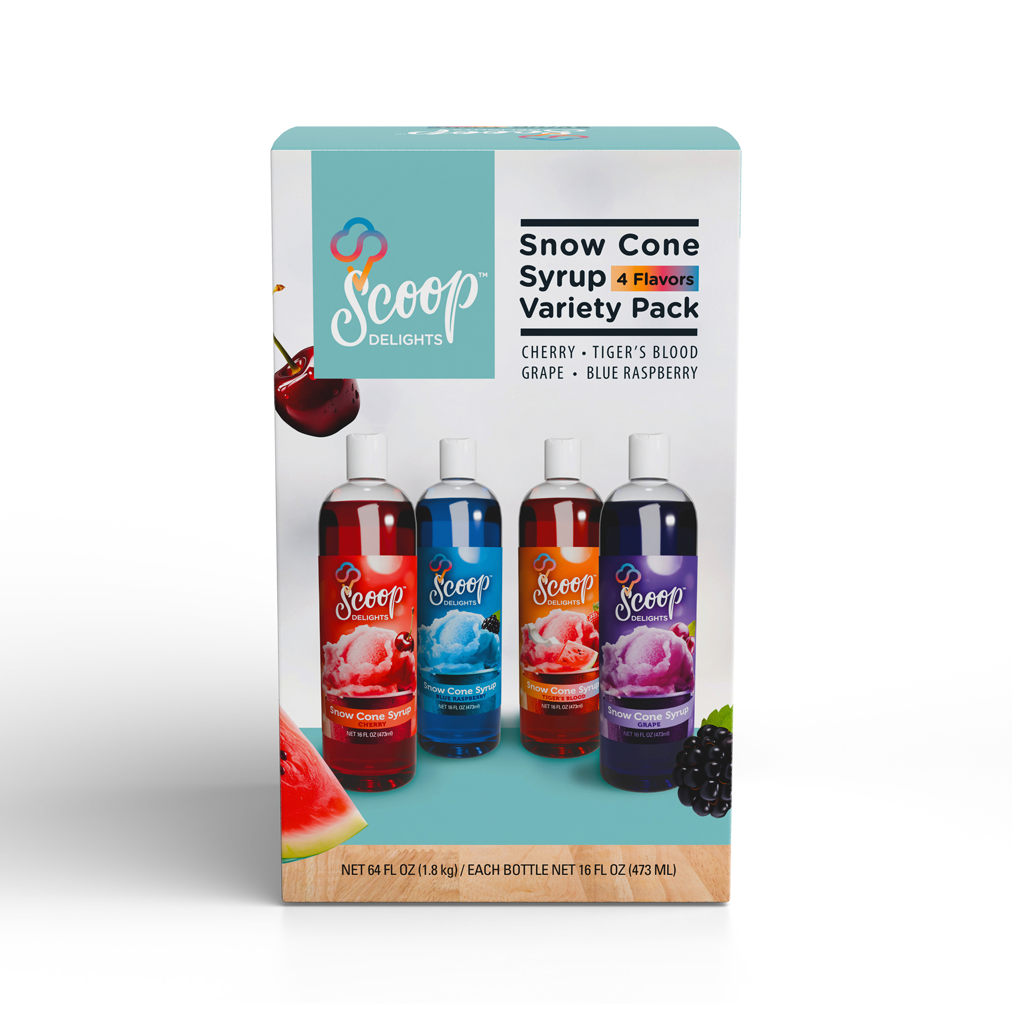 Scoop Delights Shaved Ice Syrup 4 Assorted Bottles, 64 oz Total Snow Cone Flavors, for All Ages