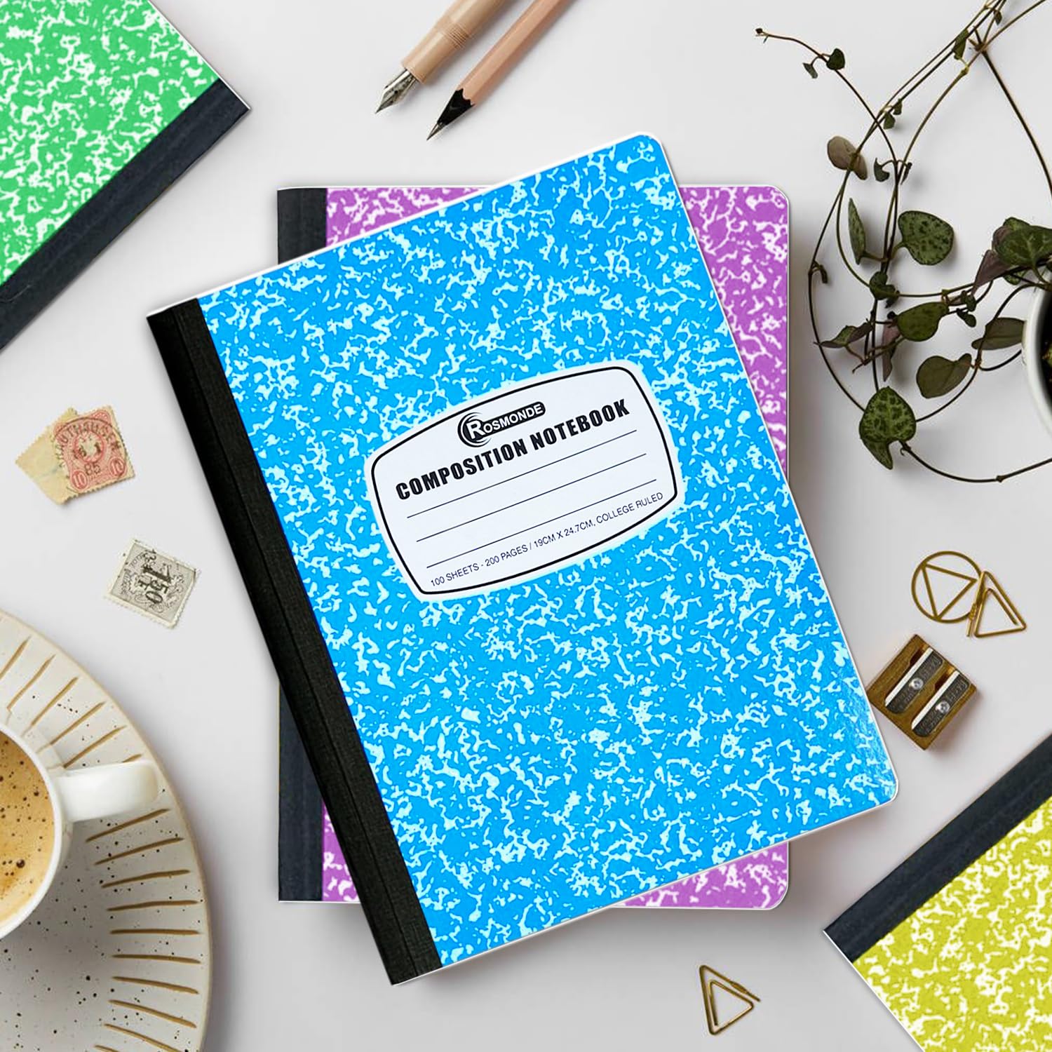 Rosmonde Composition Notebooks Bulk, 50 Pack, College Ruled, 200 Pages (100 Sheets), 9.75 x 7.5 in, Hard Cover Binding, Back to School Supplies, Bulk Notebooks for School & Office Use