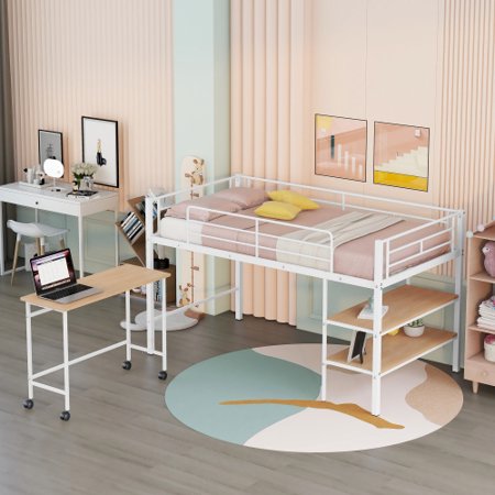 Twin Bunk Bed with Rolling Desk  Ladder  and 2 Shelves  Twin Size Metal Loft Bed Space-Saving Loft Bed for Boys & Girls Teens