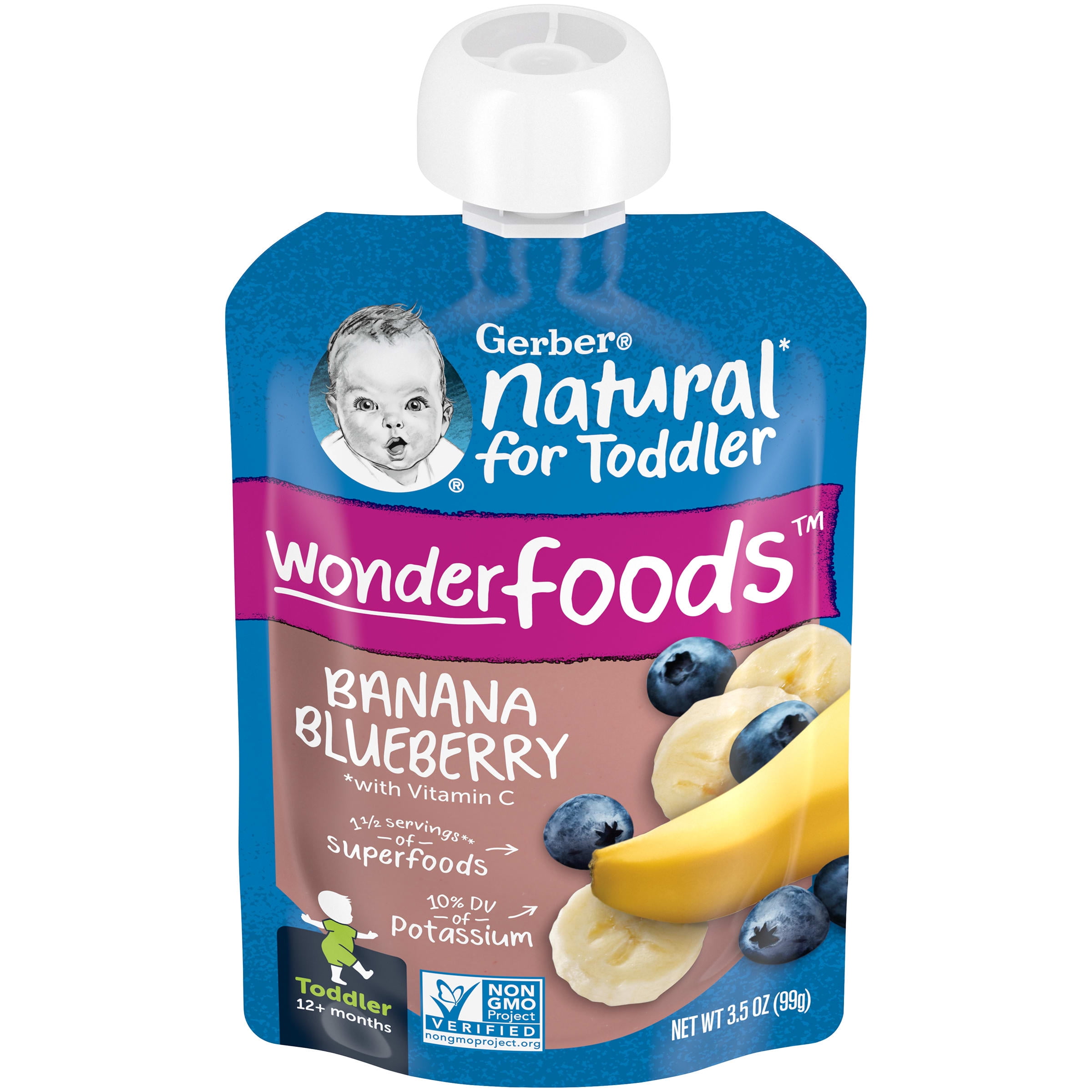 Gerber Natural Stage 3 Toddler Food, Banana Blueberry Toddler Food, 3.5 oz Pouch (12 Pack)