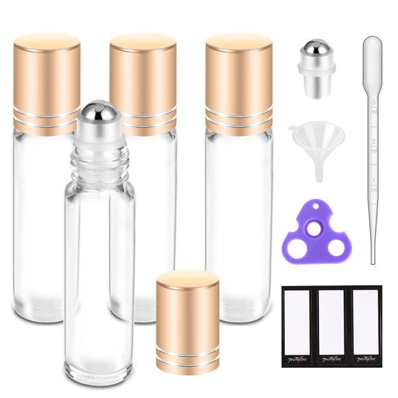 PrettyCare Essential oil Roller Ball Bottles 4 Pack 10ml Clear Glass Golden Cap, Refillable Travel & DIY Roll On Bottle Beauty
