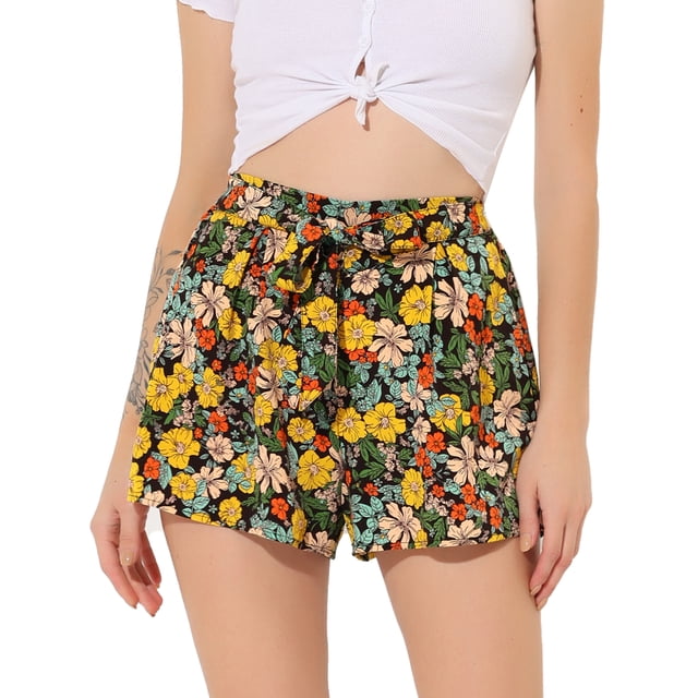 Allegra K Pantalones cortos de verano de playa con cintura alta con lazo elástico estampado para mujer Negro-Floral S