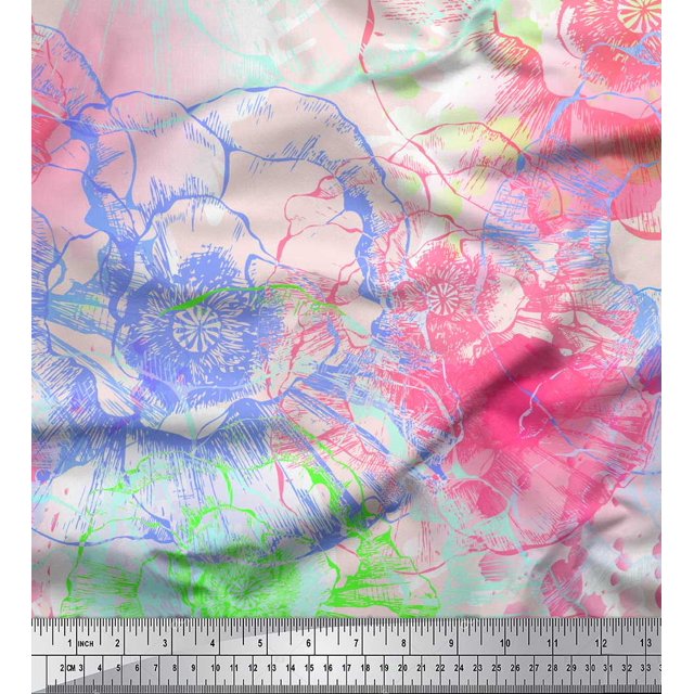 Soimoi Pink Poly Georgette Fabric Flower Watercolor Printed Craft Fabric by the Yard 42 Inch Wide