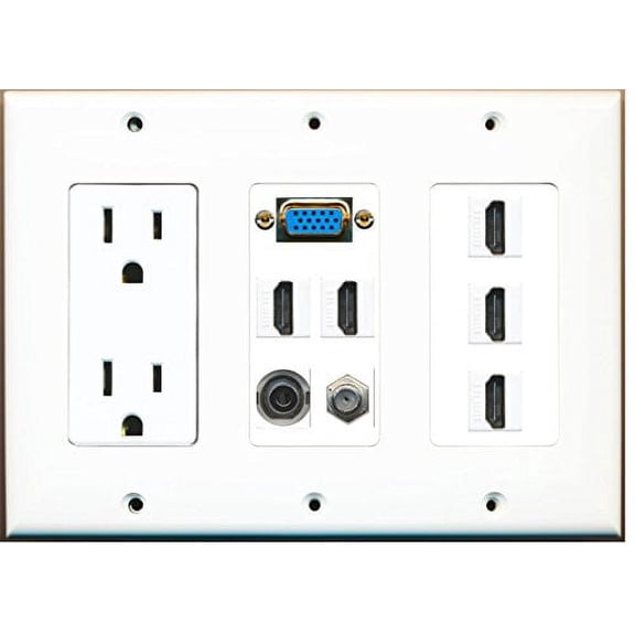 RiteAV - (3 Gang 15A Power Outlet Svga 5 HDMI Coax 3.5mm Wall Plate White