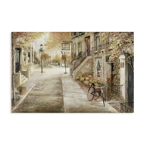 Stupell Industries Bicycle on Town Street Scenic & Cityscapes Painting Wrapped Canvas Art Print Wall Art, 24 x 16