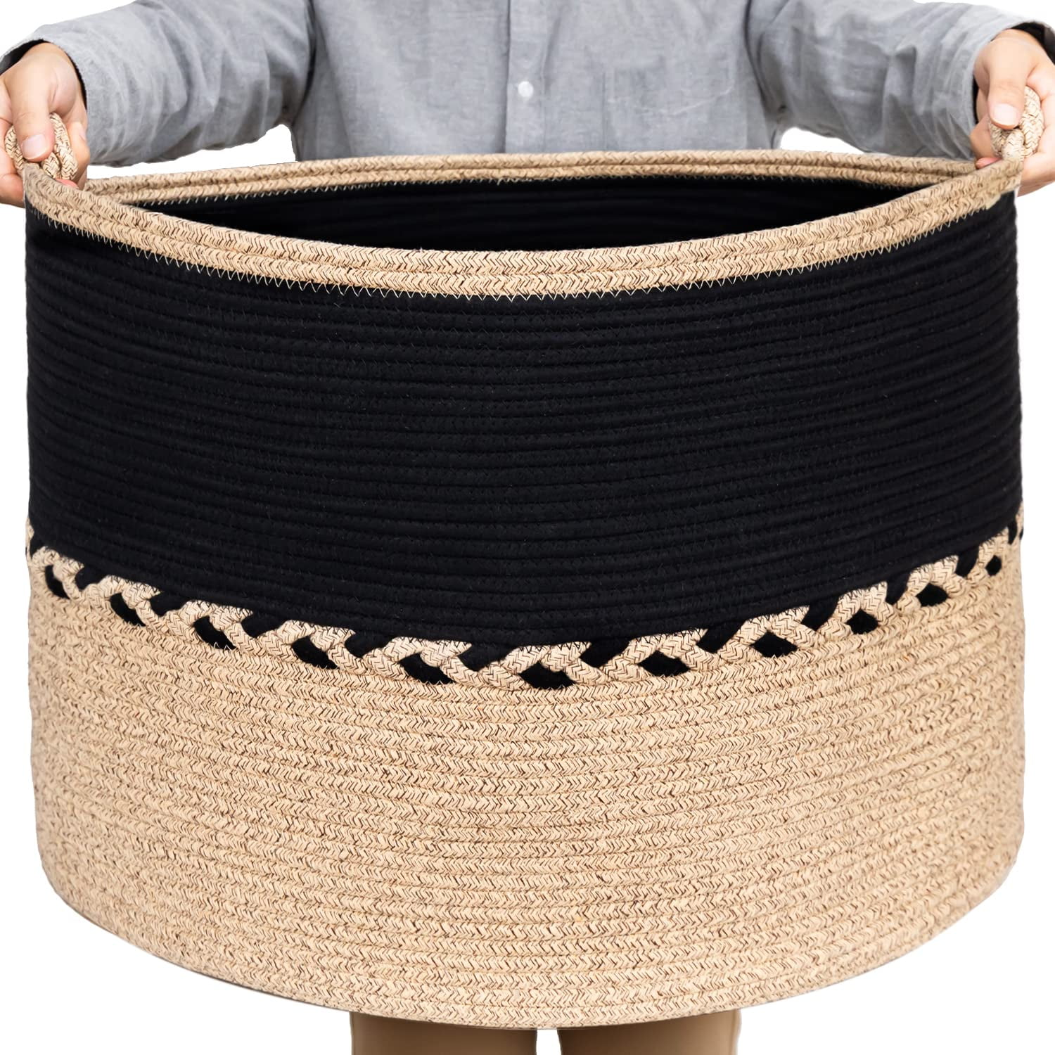 Cotton Rope Basket XXL Blanket Basket Large Woven Storage Basket Clothes LONTAN Design Black Storage Basket Round Cotton Rope Basket for Toys Real Leather Handles,20''X20''X13'' 