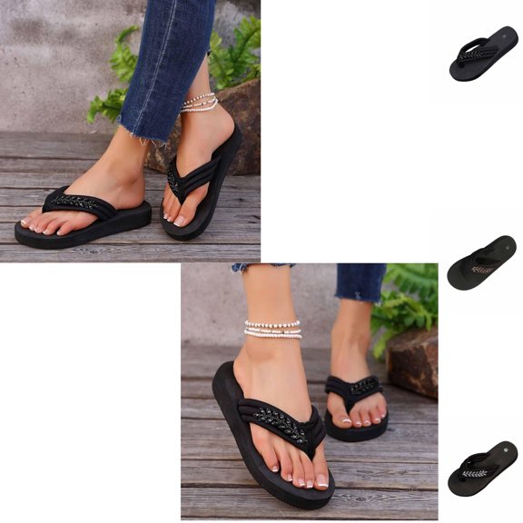 Xdegoge Flatform Sandals for Women Summer Flip Flops Thick Sole Wedge Thong Shoes Rhinestone Leaf Decoration Open Toe Lightweight Beach Walking Footwear Casual Slides