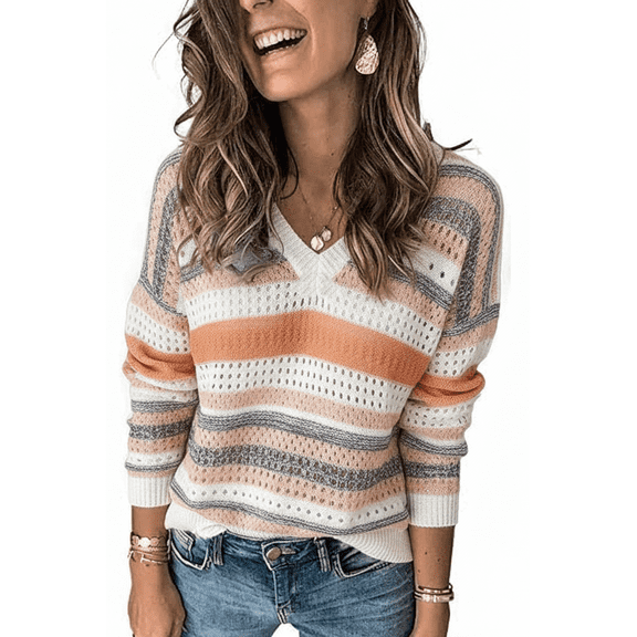 WQD Womens Long Sleeve Shirts Crochet Knit Sweater Hollow Out Striped Tops Casual Trendy Outfits for Fall Winter Spring