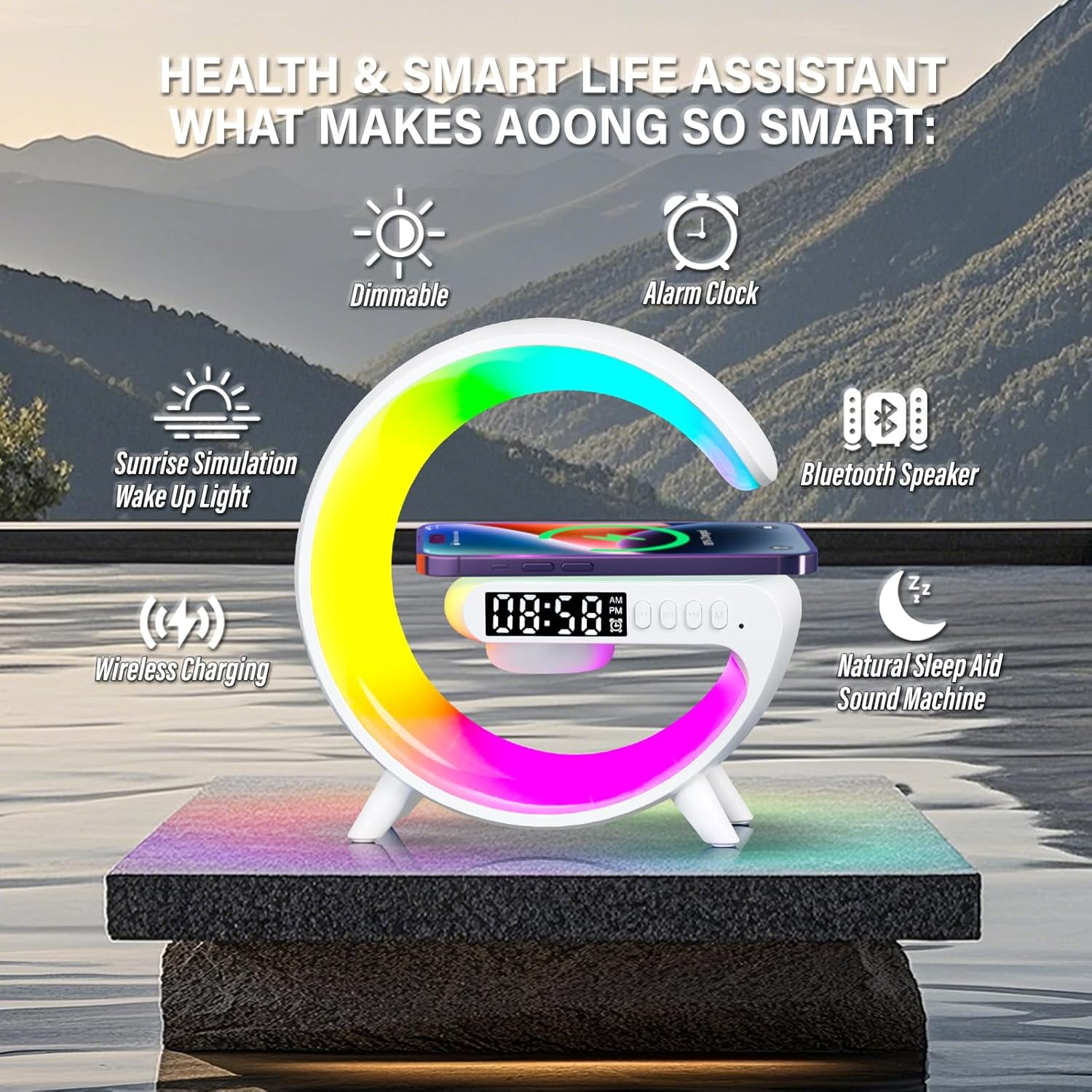 Smart LED Table Lamp, 4-in-1 Wireless Charger, Night Light, Alarm Clock, and Bluetooth Speaker with App Control for Bedroom, Office, and Home Decor