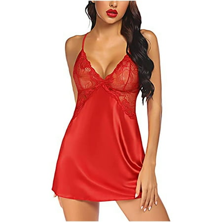 Nightgown Satin Lingerie Sleeveless Sleep Dress Nightie Slip Chemise  1- Red  Medium
