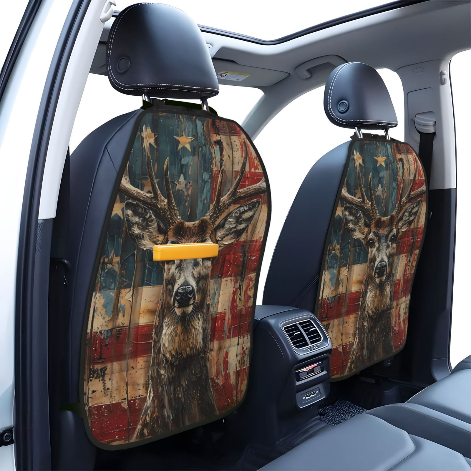 Xecao American Flag Deer Art Pattern Car Seat Back Protector 2 Pack Large Capacity Pocket, Kick Mats Back Seat Protector