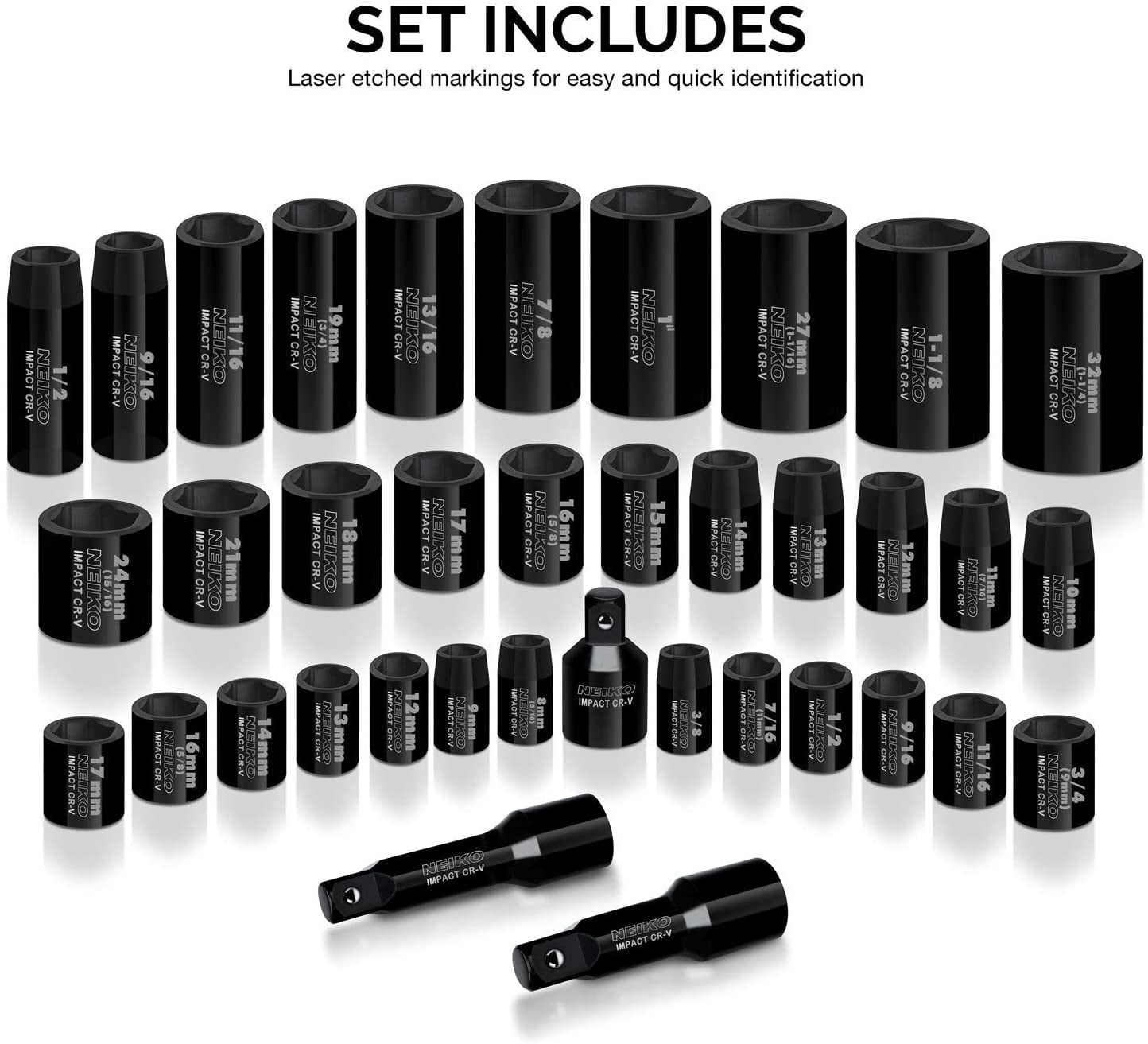NEIKO 02443A 3/8" and 1/2" Drive Master Impact Socket Set | 38 Piece | Standard SAE (Inch) and Metric (mm) Sizes Below | Deep and Shallow Kit | Cr-V Steel | Includes Duometric Sockets