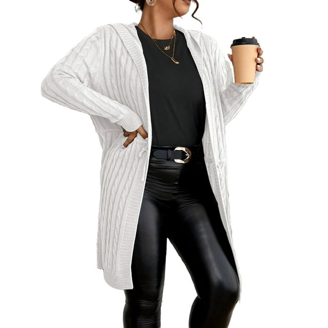 Cárdigan informal liso con capucha, manga larga, blanco, talla grande (para mujer)