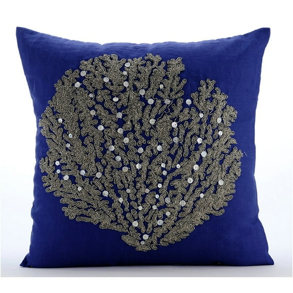 Royal Blue Cushion Covers, Beaded Sea Weeds Sea Creatures Ocean & Beach Style Theme Pillows Cover, 18x18 inch (45x45 cm) Pillow Covers Decorative, Floral Cotton Linen - Along The Shore