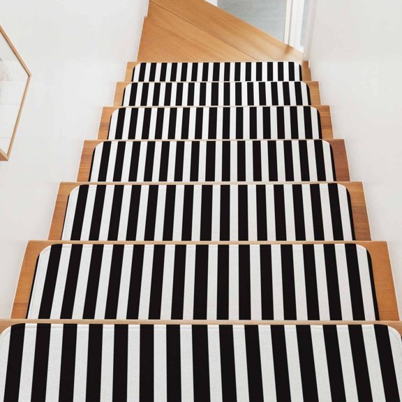 Stair Treads for Wooden Steps Indoor, Black White Stripes Stair Tread 7 Pack Adhesive Non Slip Carpet Stair Tread Mat Classic Vertical Striped Staircase Step Treads for Kids Elders Dogs 8"x30"