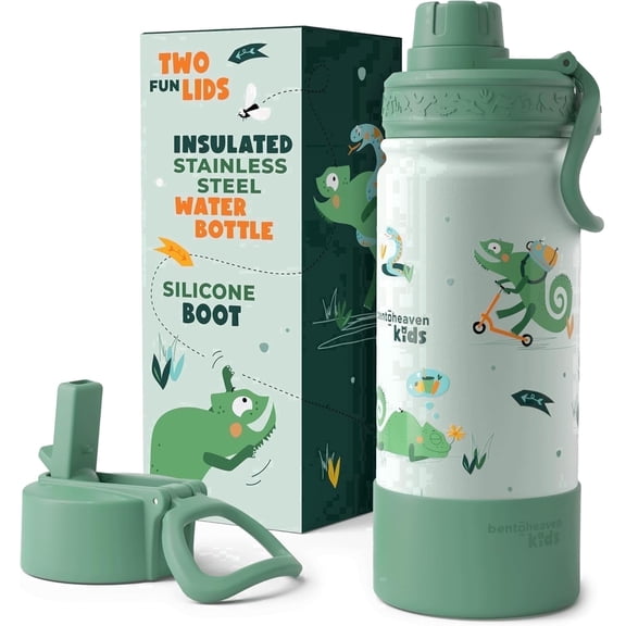 Bentoheaven Kids Water Bottle Stainless Steel for Boys & Girls, 2 Lids (Chug & Straw), Handle & Silicone Boot, Reusable Metal Leak-Proof Insulated Tumbler, School & Sports 17oz (Green)