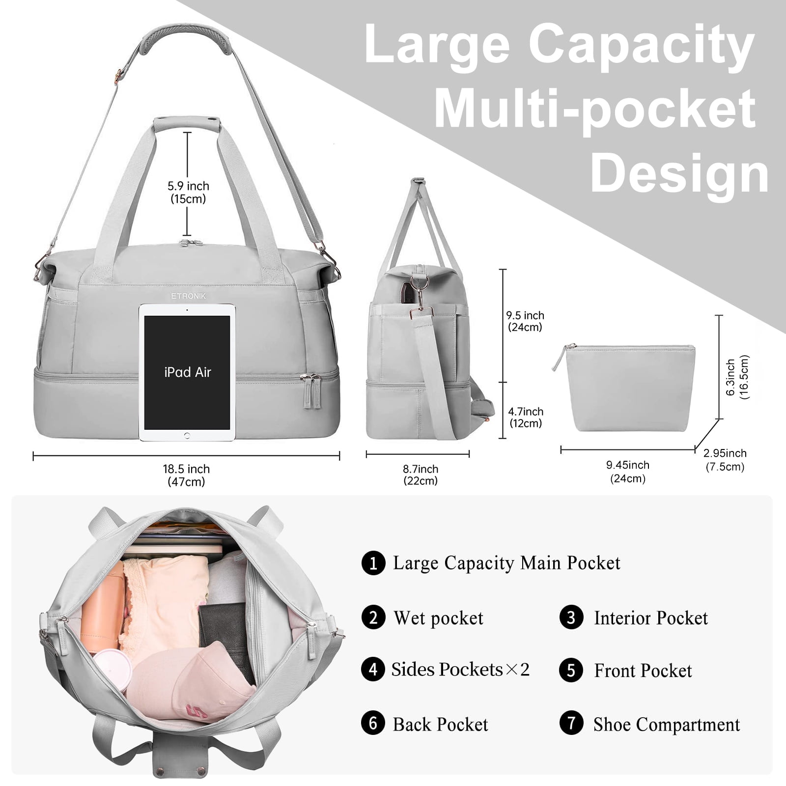 DAKIMOE Travel Duffel Bag for Women Gym Bag with USB Charging Port Large Weekender Overnight Bag Yoga Duffle Bags with Wet Pocket and Shoes Compartment, Gray