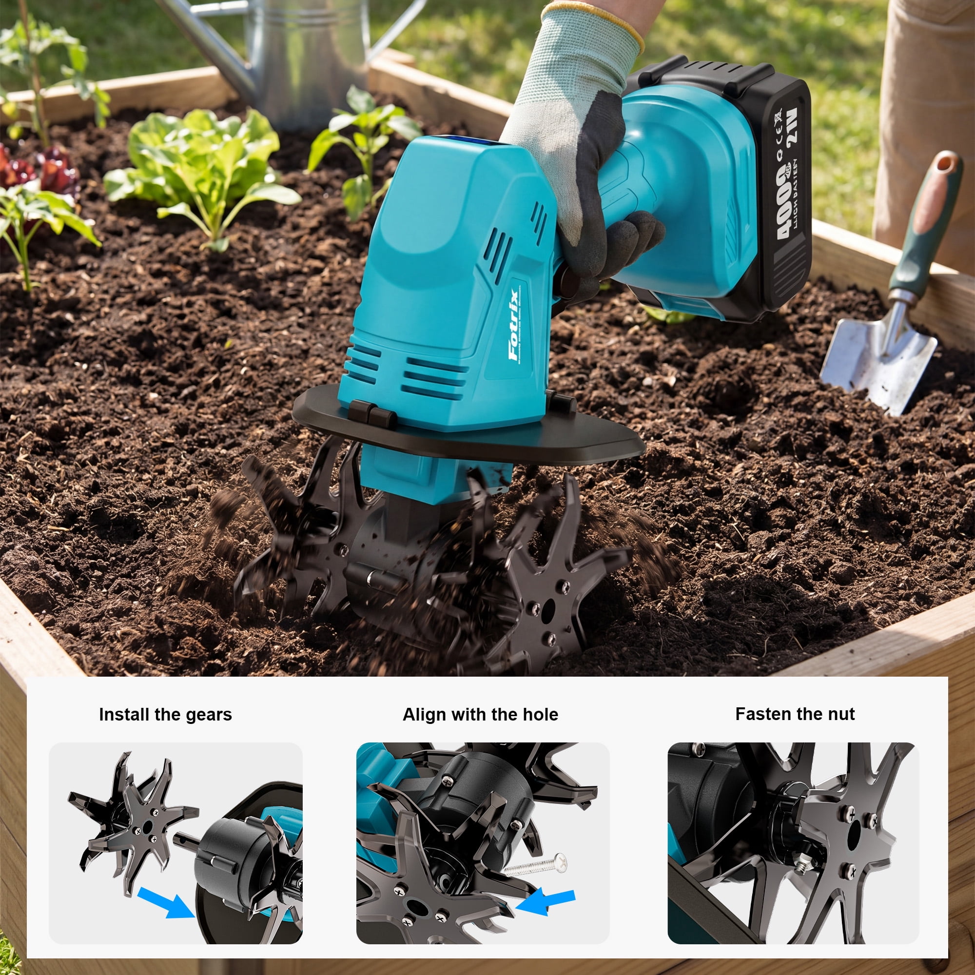 Cordless Garden Tiller Cultivator with 2 x 4.0Ah Batteries, Mini Handheld Electric Tiller for Soil Cultivation, Weeding & Raised Garden Beds