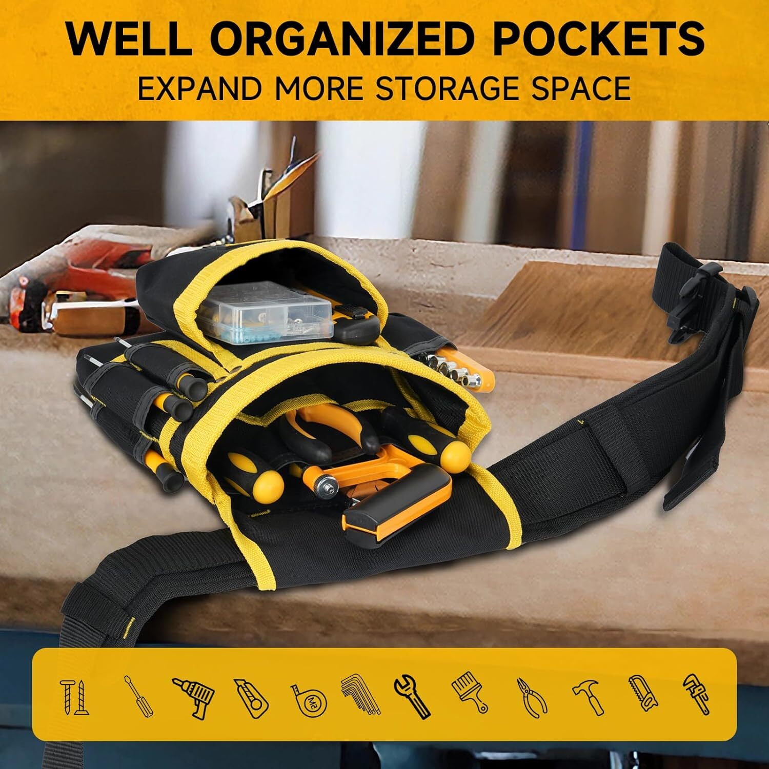 Tool Belt, Tool Pouch with 26 Pockets for Men, Heavy Duty Magnetic Tool Pouch Bag, Detachable Tool Bags for Electrician, Carpenter, Construction (Orange)