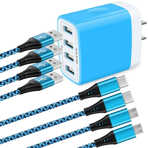 Micro USB Cable 6ft,Ailkin 2PACK USB Micro Cable with 4.8A USB Wall Charger Adapter with 2PACK Type C Cables,High Speed Fast Charging Android Charging Cable Usb Micro Cable with Fast Charger Block