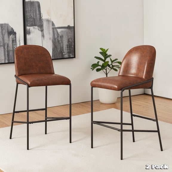 GZXS Modern Industrial Bar Stools Set of 2, 29"H Armless Pub Chairs with Faux Leather Upholstered Seat, Ergonomic Backrest and Metal Legs for Home Counter, Café, Kitchen Island (Brown)